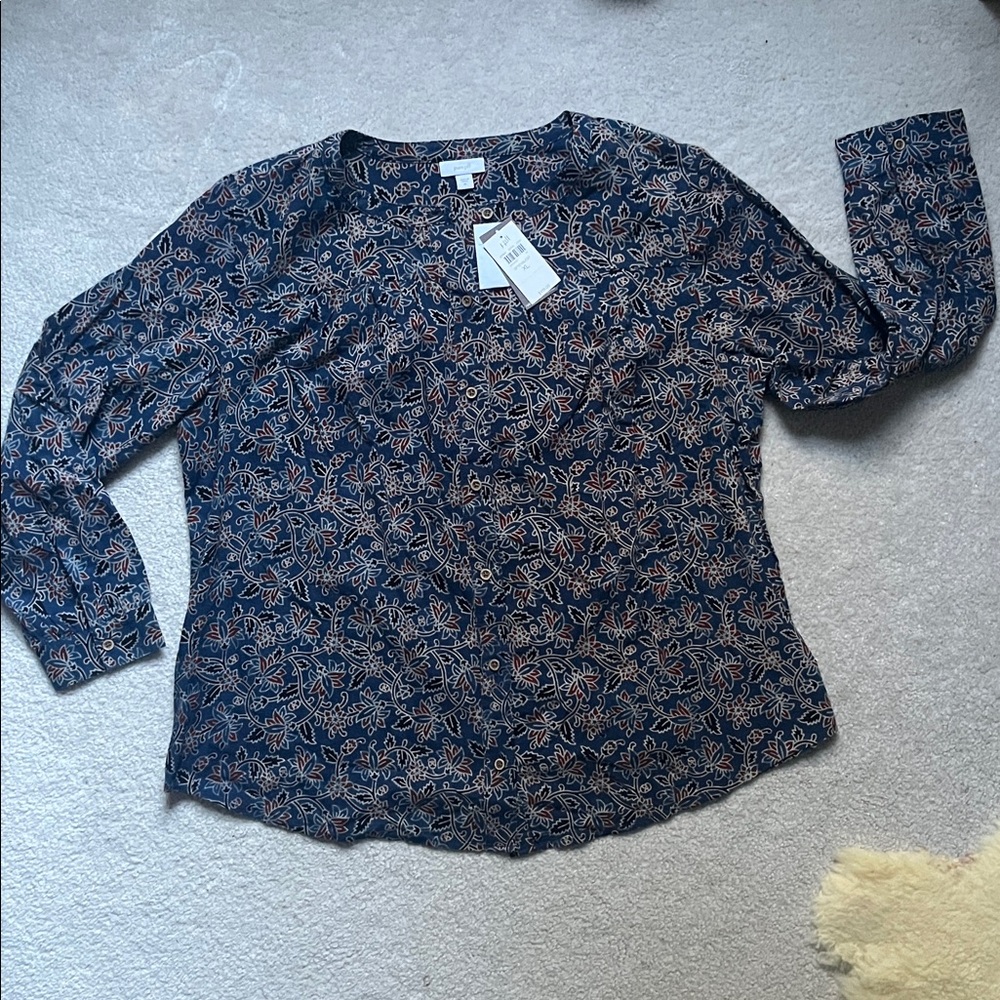 J.Jill pure Jill handblock printed button down 3/4 sleeve tunic top NWT